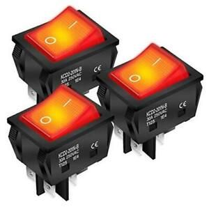 3Pcs 30A 250V KCD2 KCD4 Rocker Switch 4 Pin DPST Red Lighted Toggle ON-Off