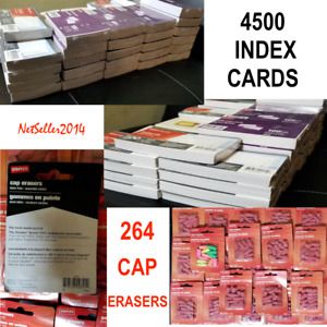 LOT OF 4500 100/Pack Ruled Index Cards  3&#034; x 5&#034; White 45 Packs  FREE CAP ERASERS