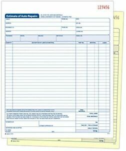 Adams Auto Repair Estimate Book 2-Part Carbonless WhiteCanary 8-38 x 10-1116 Inc