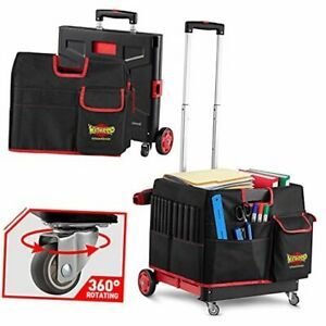 Foldable Utility Cart, 4 Wheeled Rolling Crate and Organizer Bag Set Black