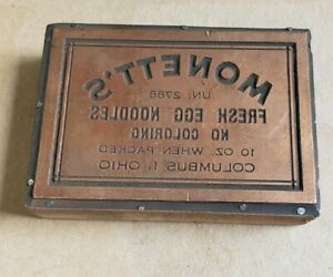 Vintage Printing Letterpress Block Monett&#039;s Fresh Egg Noodles Advertising