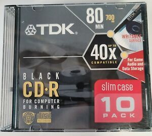 TDK BLACK CD-R  40X 80 MINUTE 700MB 10 PACK SLIM CASES FACTORY SEALED