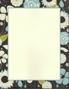 Outline Foliage Letterhead 11&#034; Retro Blue Black Flowers Floral Printer Paper