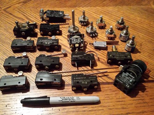 Omron Switches, Clarostat Potentiometers, nice group, New and used parts, 23 pcs