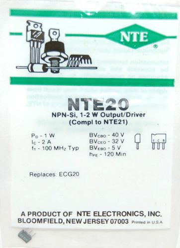 NTE NTE20  NPN SI 1-2 W OUTPUT DRIVER REPLACES ECG20