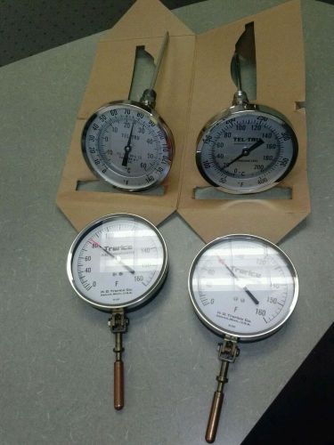 INDUSTRIAL THERMOMETERS 5&#034;FACES Qty 4. 2 w/ ADJ. ANGLE all w/ probes TEL-TRU
