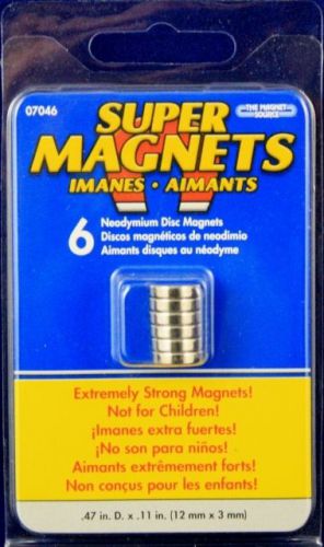 Neodymium disc magnets pack of 6 incredibly strong .47x.11in for sale