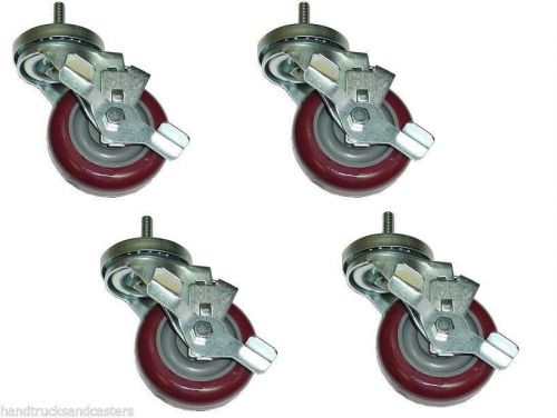 Set of 4 swivel stem casters 3&#034; maroon poly wheel &amp; 3/8&#034; threaded stem &amp; brakes for sale
