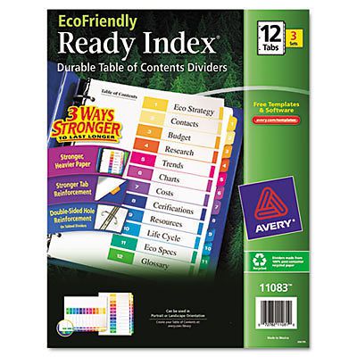EcoFriendly Ready Index Table of Contents Divider, Multicolor 1-12, Letter, 3/PK