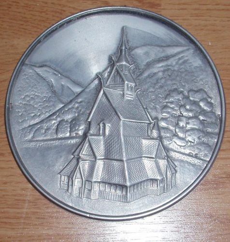 Vintage round aluminum plate Countryside church 5 1/2&#034;
