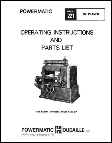 Powermatic model 221 planer instructions &amp; parts manual for sale