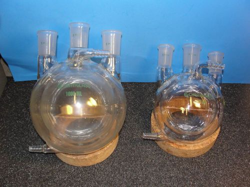 2 chemglass jacketed jacket heavy round bottom 3 neck reaction flasks hi quality for sale