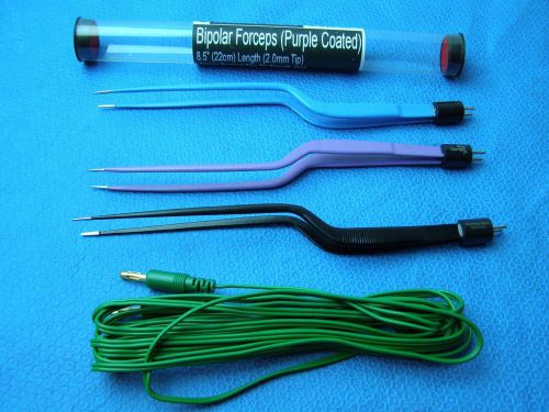 Lot of3-bipolar bayonet forceps 8.5&#034; reusable electrosurgical instruments &amp;cords for sale
