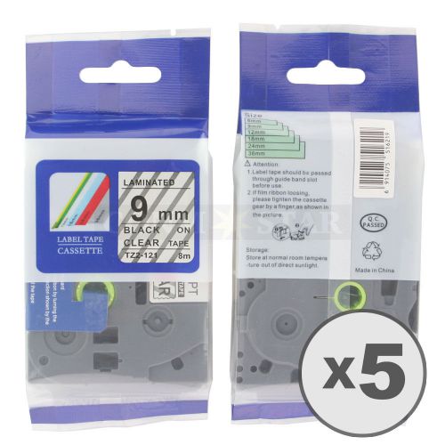 5pk Transparent on Black Tape Label for Brother P-Touch TZ TZe 121 9mm 3/8&#034;