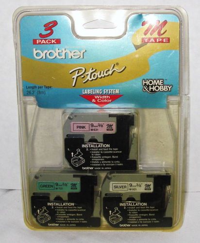 3 pack Brother P-Touch Labeling System M Tape Pink Green Silver 9mm 3/8 PT100