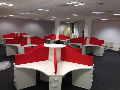 NEW - CALL CENTRE POD DESKS - WITH PEDESTALS IN WHITE &amp; RED - FOR 6 PERSONS
