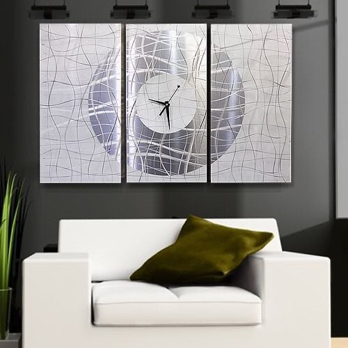 Metal Hand Painting Modern Abstract Wall White Silver Large Clock Artwork