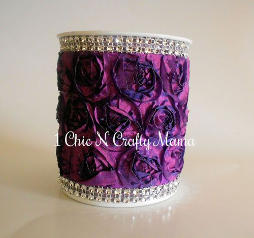 DEEP PURPLE SATIN ROSETTE Fabric and Bling Pencil Cup Pen Cup  Makeup Holder