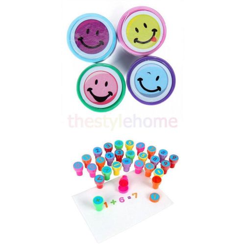 28 number mathematical maths symbol + 4 smiley face ink stamp stamper kids toys for sale