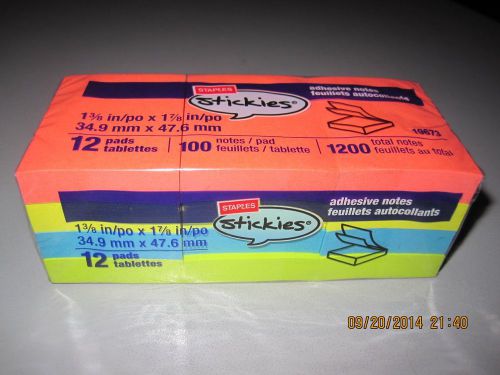 Office Supplies Staples Stickies™ 1-3/8&#034; x 1-7/8&#034;, 100ct per pad Notes, 12Pk NEW