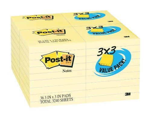 3M/COMMERCIAL TAPE DIV. 65436VAD90 Note Pad, 3 X 3, Canary, 100 Sheets, 36/pack