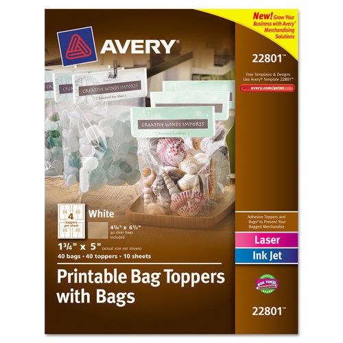 Avery AVE22801 Printable Bag Toppers With Bags, 1-3/4 X 5, White, 40/Pack