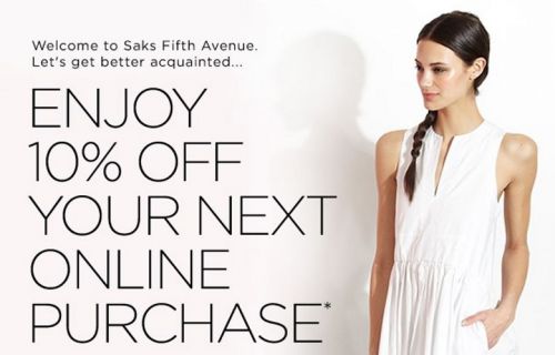 One (1) Saks Fifth Avenue 10% Off Coupon Promo Code for clothes, handbags purse