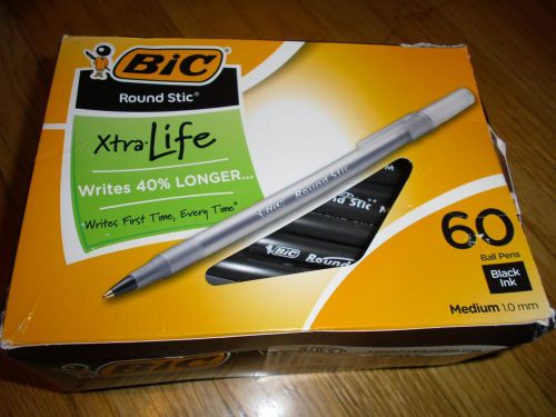 New ! 60PK BIC Round Stic Xtra Life Ballpoint Pen Medium 1.0mm Black BICGSM609BK