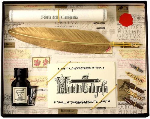Gold feather quill &amp; 5 nib set by coles calligraphy for sale