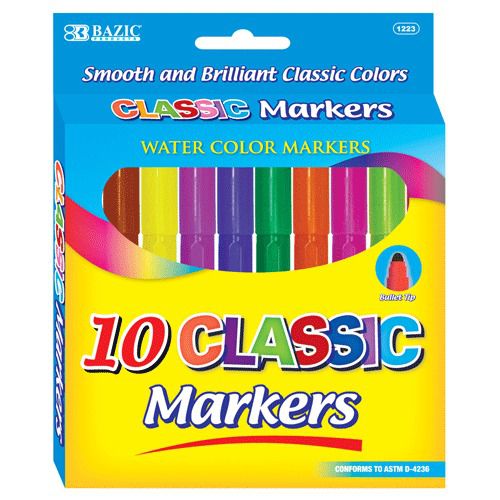 BAZIC 10 Classic Colors Broad Line Jumbo Watercolor Markers, Case of 12