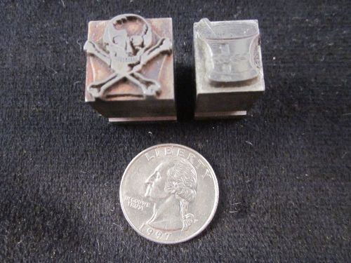 Vintage Letterpress Solid Metal Printers Block Stamp Lot of 2 Skull &amp; Pharmacy