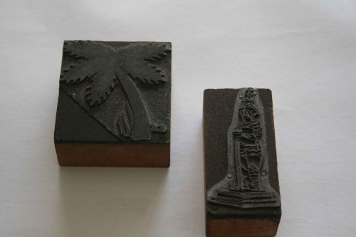 Vintage Printers Blocks Pair Indonesian Statue &amp; Palm Tree Letterpress