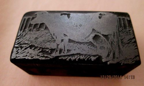 Vintage Antique Cow with Grass and Fence Printer&#039;s Block