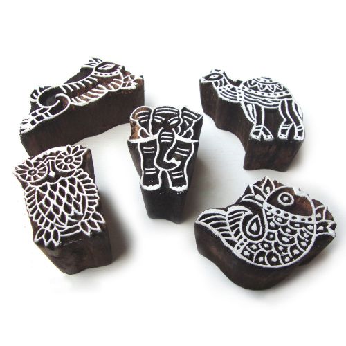 Assorted animal motifs hand carved wooden block printing tags (set of 5) for sale