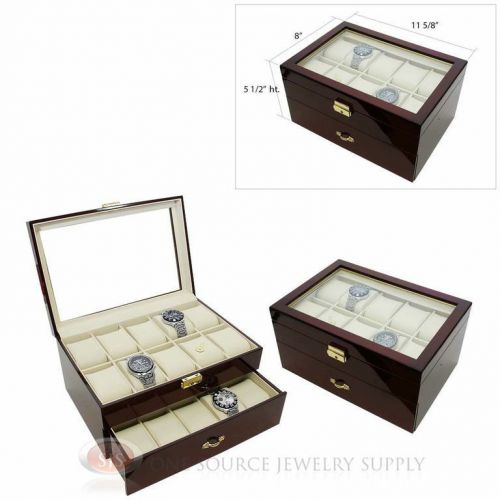 (2) 20 watch glass top rosewood cases with beige faux leather lining displays for sale
