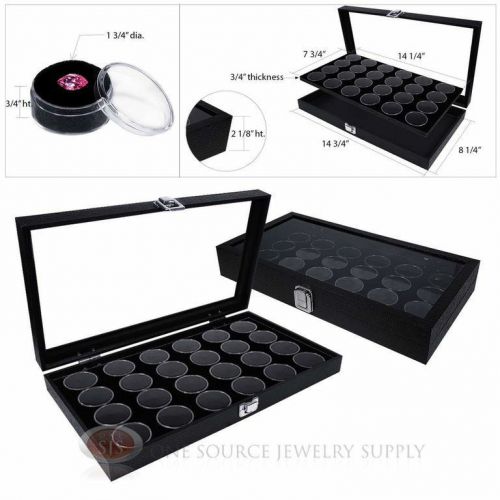 (2) black wooden glass top display cases w/ 2 black 24 gem jar gemstone inserts for sale