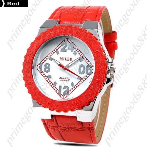 Round Case Bezel PU Leather Quartz Wrist Lady Ladies Wristwatch Women&#039;s Red