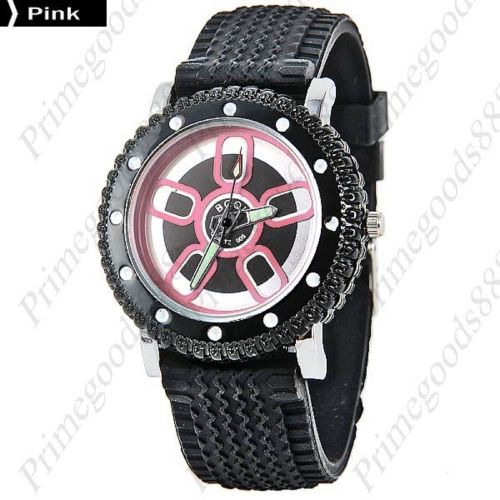 Sport Quartz Analog Wrist Wristwatch Black Silicone Band Sports in Pink Face