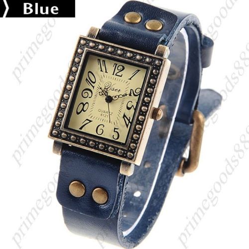 Square Vintage PU Leather Free Shipping Wrist Quartz Wristwatch Women&#039;s Blue