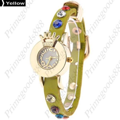 Crown rhinestones analog pu leather lady ladies quartz wristwatch women&#039;s yellow for sale