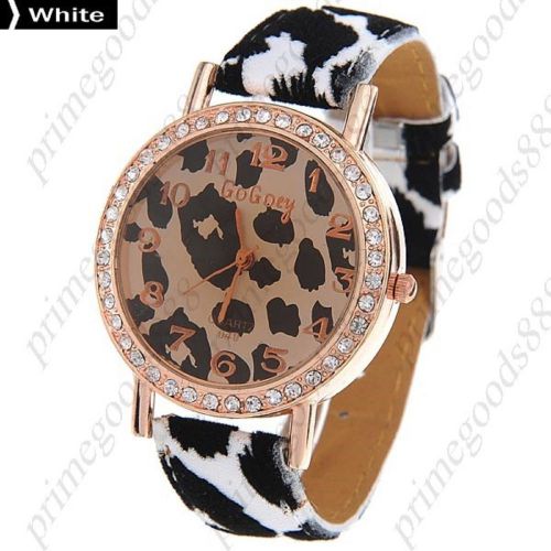 Leopard Round PU Leather Lady Ladies Wrist Quartz Wristwatch Women&#039;s White