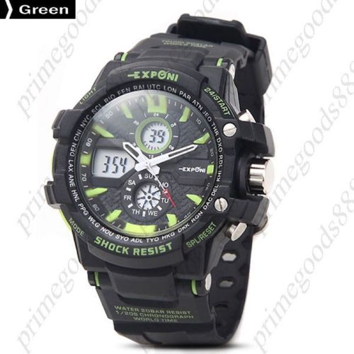 Rubber Band 3ATM 2 Time Zone Date Wrist Men&#039;s Free Shipping Wristwatch Green