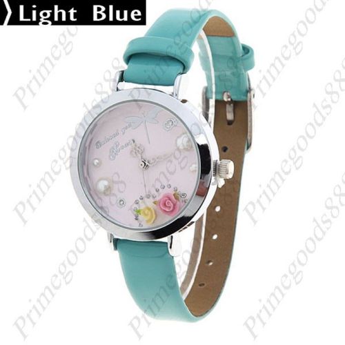 Dragonfly Flowers PU Leather Strap Quartz Wrist Wristwatch Women&#039;s Light Blue