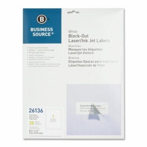 Business Source Block-Out Labels, 8-1/2&#034;x11&#034;, 25 per pack, White (BSN26136)