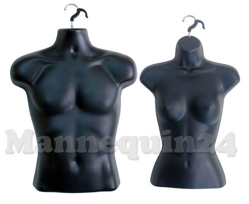 Male &amp; female torso mannequin forms, black hard plastic with hooks for hanging for sale