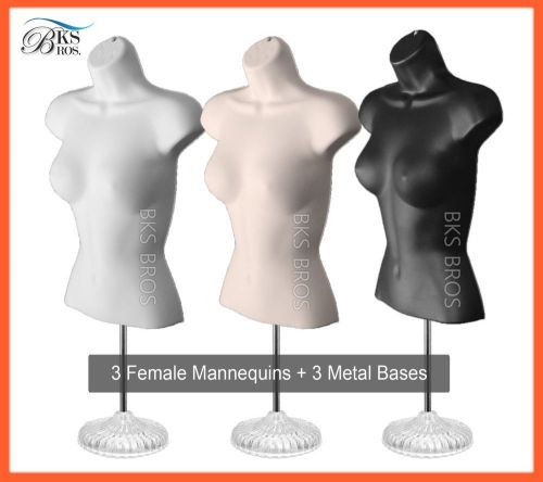 3 white flesh black female mannequin torso stand + hanging hook dress form woman for sale