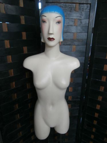 Awesome Deco Style Mannequin Make Up Blue Hair Flapper Style Iron Base Display