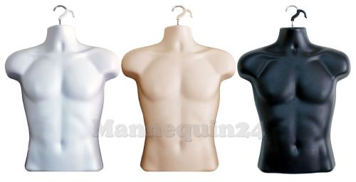 3 pcs - male torso mannequin forms ( white, flesh, &amp; black ) w/ hook for hanging for sale