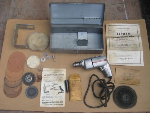 Vintage Zephyr 1/4&#034; Electric Drill 1950H w/ Accessories, Instructions &amp; Box