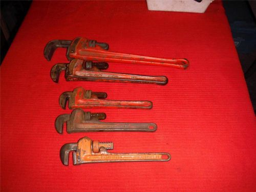 RIDGID 5PC PIPE WRENCHES  18&#034;, 14&#034; AND THREE 10&#034; GOOD USED